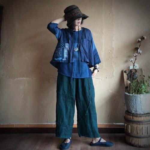 Women Autumn Patchwork Linen Pants Ladies Loose Flax Solid Color Elastic Waist Spliced Pants Female Flax Trousers