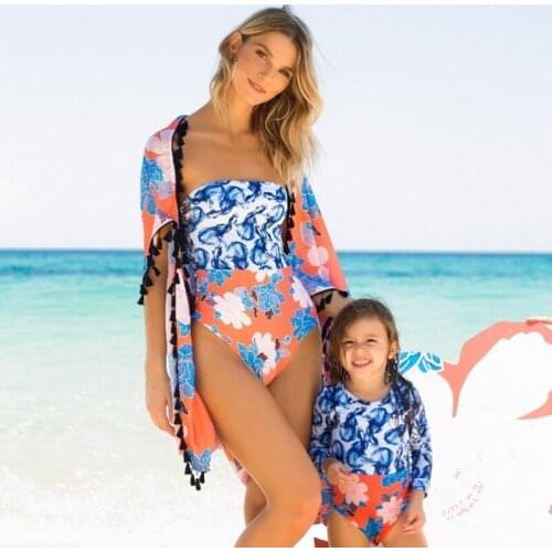 Womens Swimming 2021 New European and American Parent-Child Swimwear Mother and Daughter One-Piece Bikini Long Sleeve Swimsuit