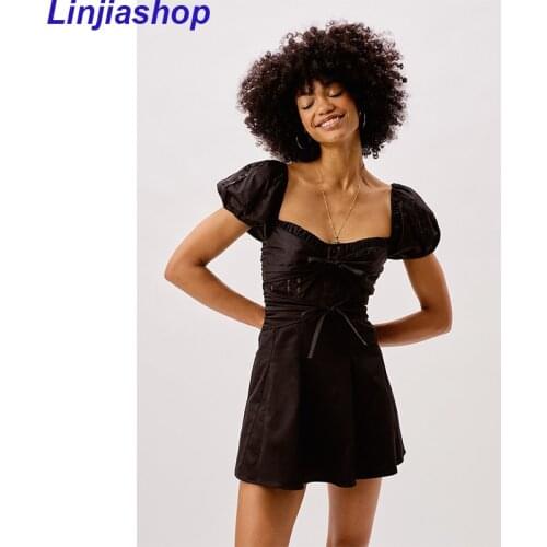 Women Vintage Square Collar Backless Bandage Black Mini Dress Female Chic Summer Puff Sleeve Casual Slim Vestido