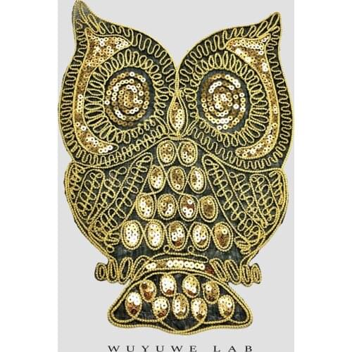 1Pc Sequins Gold Owl Cartoon Applique Clothing Embroidery Patch Fabric Sticker Iron On Patch Craft Sewing Repair Large Size