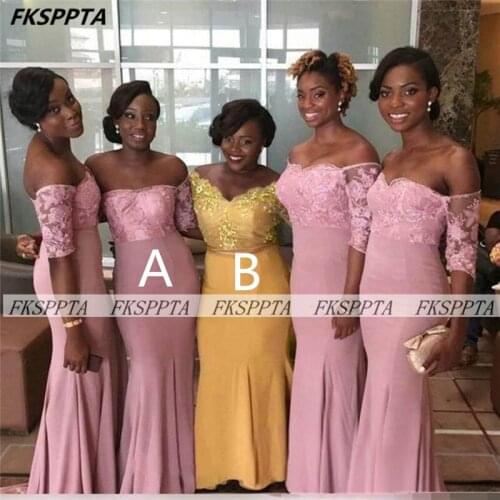 Dusty Pink Long Bridesmaid Dresses For Black Women Off The Shoulder Half Sleeves Mermaid Maids Wedding Party Gowns Plus Size