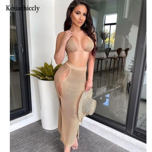 Kesiachiccly Knit Spaghetti Strap Summer Dress V-neck Backless High Split Long Dresses For Women Holiday Party Dress Vestidos