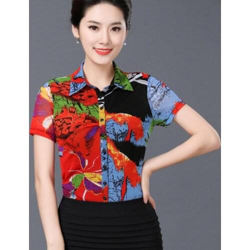 Summer Fashion Office Lady Women Painted Colored Short Sleeve Stretch Blouse , Female Woman Slim 4XL 3XL Mesh Blouses Shirts