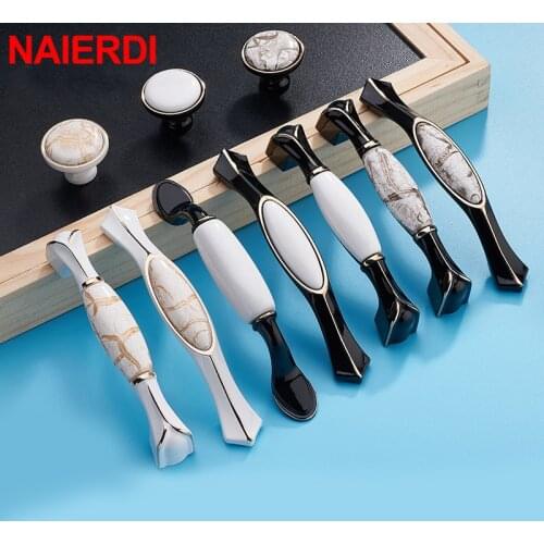NAIERDI Ceramic Cabinet Handles Zinc Alloy Door Kitchen Knobs Cabinet Pulls Black Drawer Knobs Furniture Handle