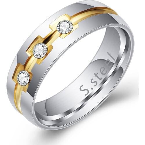 Fashion Men Women 6mm Gold and Silver Color Stainless Steel Rhinestone Ring Jewelry Accessories