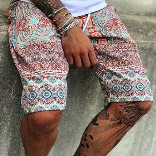 Fashion Printed Lace-up Beach Shorts Mens Casual Retro Five-point Printing Lace-up Beach Shorts Mens Shorts S-3XL