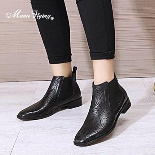 Mona Flying Womens Leather Classic Ankle Boots Hand-made Fashion Comfort Shoes with Low Heels for Ladies 2020 New Arrival 668-2