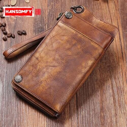 Handmade Men Genuine Leather Wallet Long Wallet Retro Men Hand Bag Leather Large Capacity Zipper Phone Bag Organizer Vintage