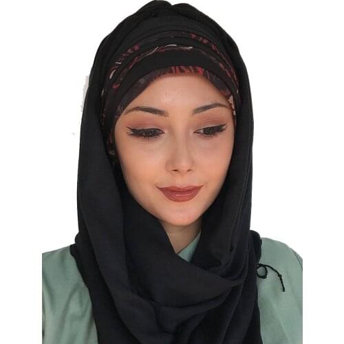 Yeni Moda Hijab Kadın 2021 Müslüman Başörtüsü İslami Kıyafet Şapka Fular Türban Renkli Şifon Detaylı Drapeli Hazır Siyah Şal