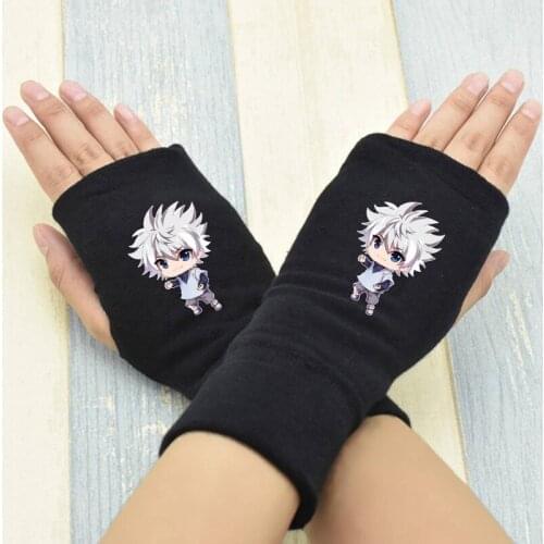 Half Finger Gloves Anime Printed Cosplay Knitting Fingerless Gloves Killua Zoldyck Black Gloves