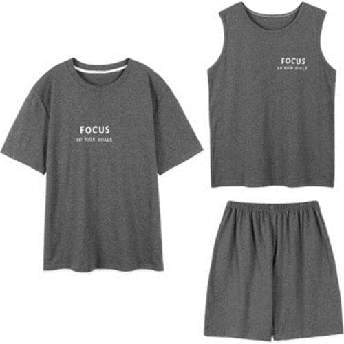 Pajamas Set Men 100% Cotton Vest Shirt Shorts 3 piece/Set Sport Pyjama Big Size 2020 Fashion Man Solid Color PJS