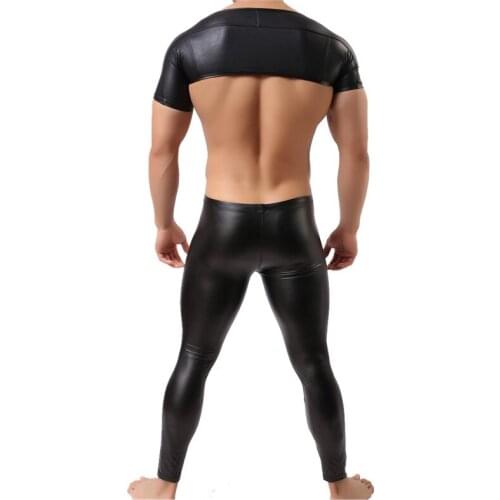 Sexy Men Undershirts PU Leather WetLook Shrug Muscle Tight Short Tops Long Pants Men Clothes Set Stage Crazy Night Show Clubwear