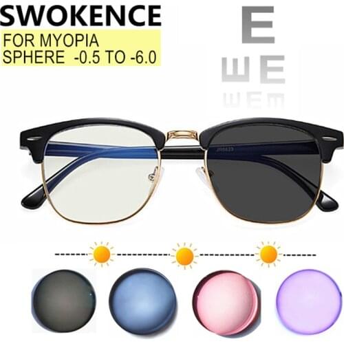 SWOKENCE Photochromic Anti Blue Ray Glasses For Myopia SPH 0 -0.5 to -6.0 Women Men Prescription Spectacles For Nearsighted F027