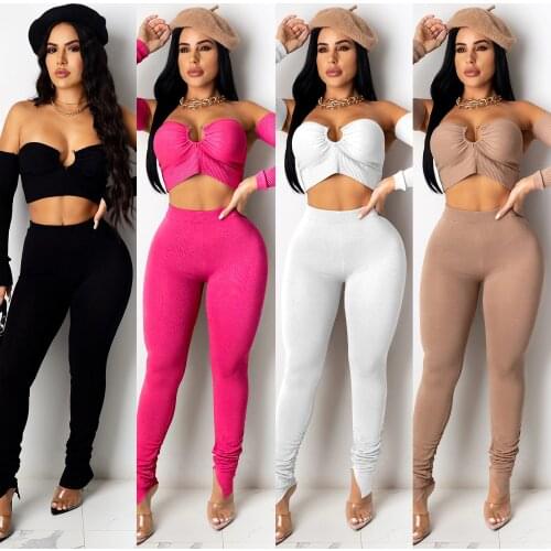 Knit Ribbed 2 Piece Set Off Shoulder Long Sleeve Crop Top + Stacked Leggings Outfits 2020 Autumn Solid Color Tracksuit S-XXL