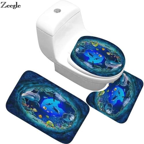 Zeegle Toilet Rug Undersea Bath Mats 3pcs Bathroom Carpets Set Water Absorbing Bath Rugs Bathroom Floor Mats Toilet Lid Cover