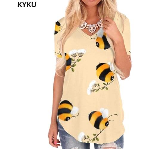 KYKU Bee T Shirt Women Animal Funny T shirts Flower Tshirts Printed Lovely V-neck Tshirt Womens Clothing Summer Printed New