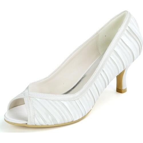 Lady open peep toe heels pleated satin evening dress shoes bridal wedding party cocktail banquet lower heel prom pumps slip on