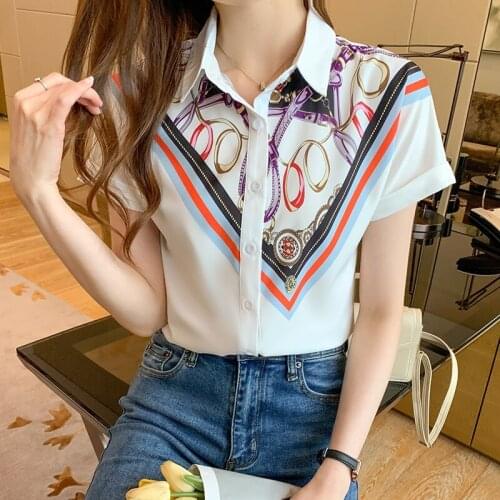 Womens Tops and Blouses Printed Shirt Short Sleeve Loose Lapel Shirt 2021 Summer Fashion Blusas Mujer De Moda Verano