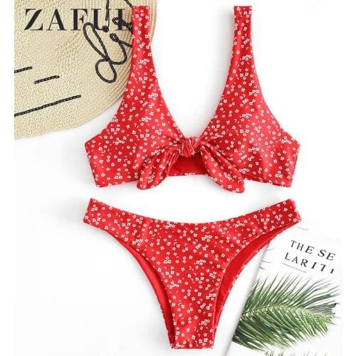 ZAFUL Print Floral Knot Sexy Bikinis Set Women Push Up Swimsuit Bandage Swimwear Summer Beach Swimming Femme Thong Bathing Suit