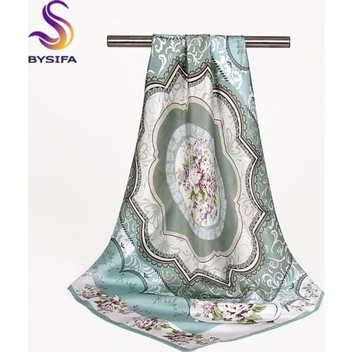 [BYSIFA] Ladies Light Green Silk Scarf Shawl Fall Winter Elegant Peony Design Square Scarves 68*68cm Chinese Style Neck Scarf