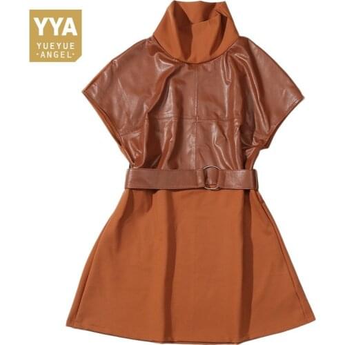 New Arrival Dress Women Genuine Leather Spliced Women Short Sleeve Belt Vintage Slim Fit Korean Style Women A-Line Dress