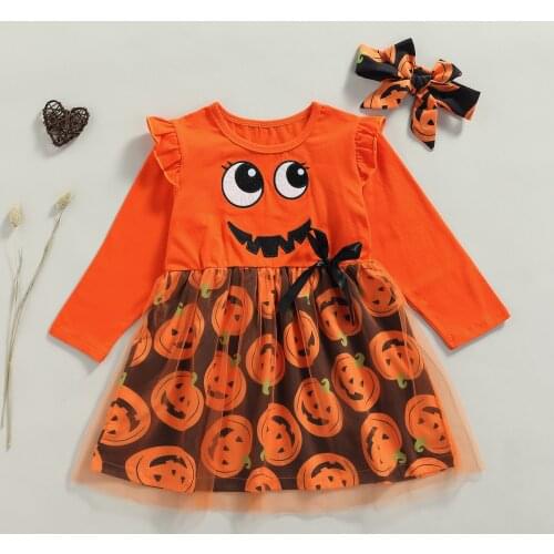 Halloween Girls Dress Kids Pumpkin Printing Mesh Splicing Fly Long Sleeve Round Collar Princess Dresses Headwear 2pcs Sets