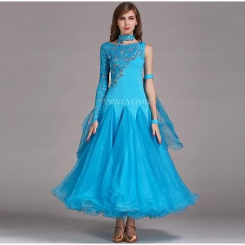 6 Colors Blue Pink High Quality Spring Summer Lace Stitching Big Swing Modern Professional Competition Ballroom Dress For Ladies