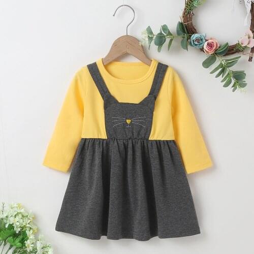 Winter 2021 Girls Dress Girls Cute Dress Long Sleeve Print Cartoon Cat Yellow Cute Streetwear Dresses Vestidos 18M-6T