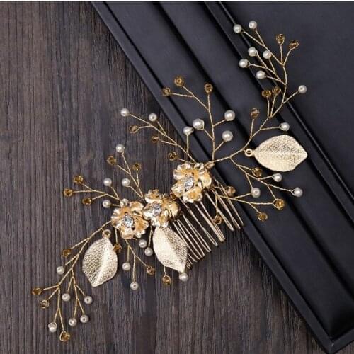 Gold Women Hair Jewelry Handmade Flower Crystal Pearl Wedding Hair Accessories Hair Comb Bridal Tiara Hair Ornaments Wholesale