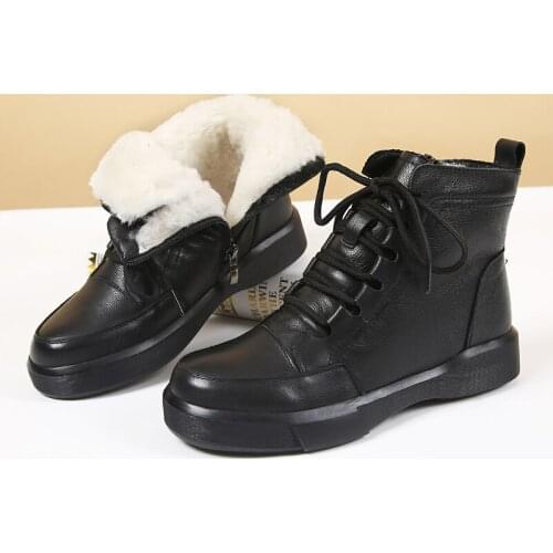 ZXRYXGS High Quality Cowhide Wool Warm Snow Boots Winter Martin Boots Black Low Heel Non-slip Winter Knight Boots Womans Boots