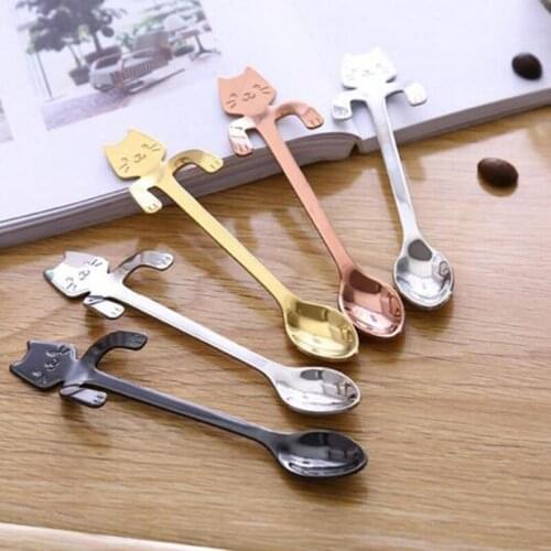 5pcs/set Gold Plated Stainless Steel Spoon Creative Coffee Stirring Tea Spoon Cute Cat Teaspoon Tableware Kitchen Flatware