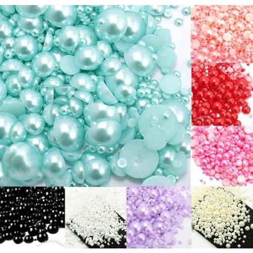 500Pcs Mixed 2-10mm Light Blue Half Round Pearl Beads Craft Cabochon Scrapbook Decoration Flatback Nail Art Garment Beads DIY