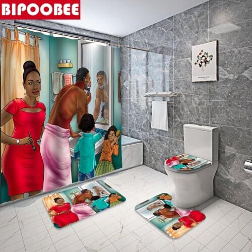African American Happy Family Bathroom Curtains Set Waterproof Fabric Shower Curtain 3d Bath Mats Toilet Cover Anti-Slip Rugs