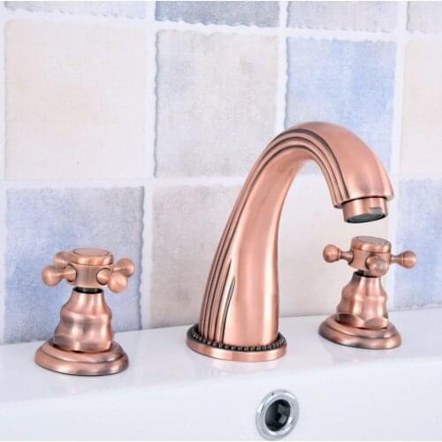 Antique Red Copper Brass Deck Mounted Dual Handles Widespread Bathroom 3 Holes Basin Faucet Mixer Water Taps msf535