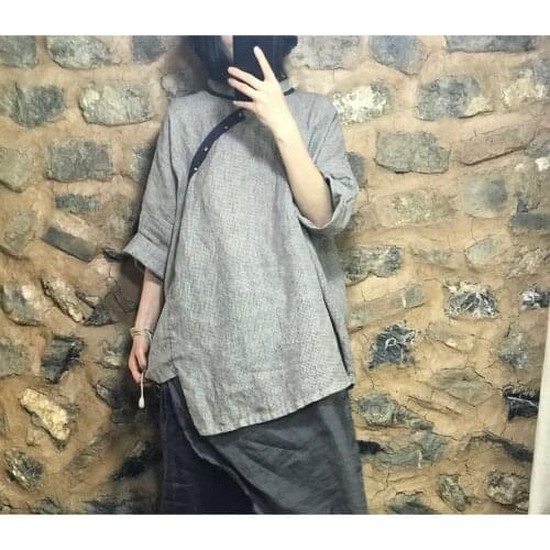 Women Summer Autumn Plaid Blouse Ladies Vintage Linen Shirt Tops Female 2021 Irregular Length Blouse