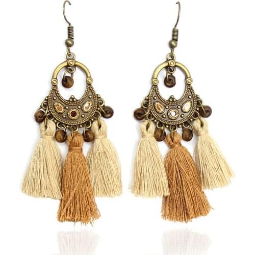 Bohemian Brown Crescent Moon National Totems Small Wooden Bead Crystal Inlaid Long Tassels Rope Earrings Women Jewelry Gifts