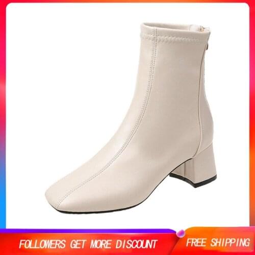 Women Shoes Fashion Leather Rubber Sole Mid Heel Zipper Square Toe Ankle Boots Martin Motorcycle Chelsea Boots Zapatos Mujer