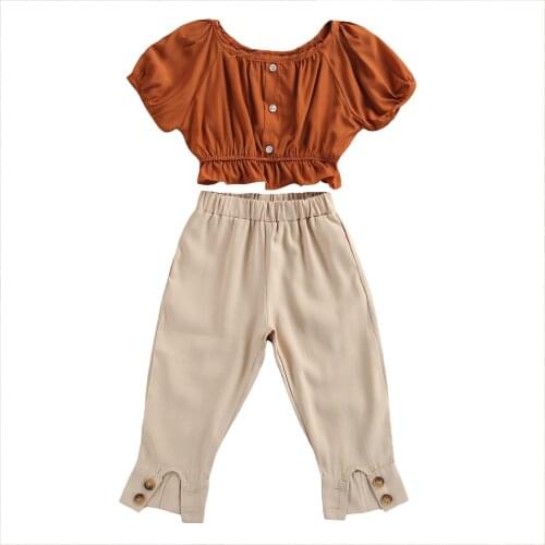 2-8Y Fashion Children Kids Girls Clothes Sets 2pcs Ruffles Short Sleeve Solid T Shirts Top Long Causal Pants Sets