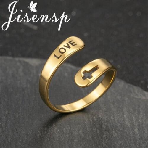 Jisensp Retro Stainless Steel English Letter LOVE Personality Open Rings Hollow Cross Ring for Women Girls Lover Gifts Jewelry