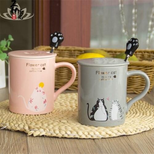 Ceramic Coffee Mug with Lid and Spoon Cute Cartoon Cat Couple Water Cup Creative Office Tea Cup Porcelain Breakfast Milk Mug