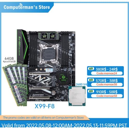 HUANANZHI X99 F8 X99 Motherboard combo kit set CPU Intel XEON E5 2680 V4 Memory 4*16G DDR4 ECC 2133 Memory M.2 NVME USB3.0 ATX