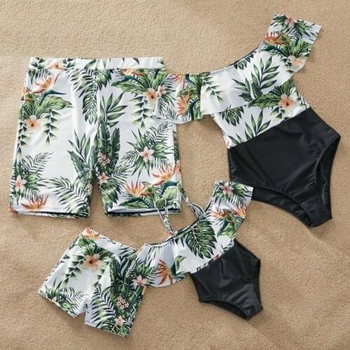 Off Shoulder Leaf Swimsuit Family Matching Outfits Mother Daughter Swimwear Mommy And Me Dresses Clothes Look Father Son Clothes