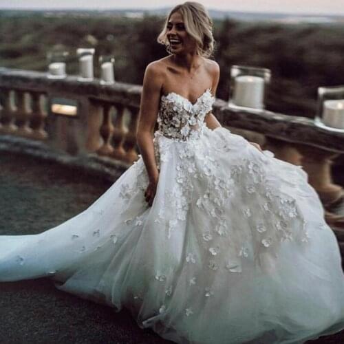 2021 Fashion Sleeveless Handmade Flowers Bridal Evening Dresses Sexy Luxury Tulle Sweetheart A Line Evening Gowns