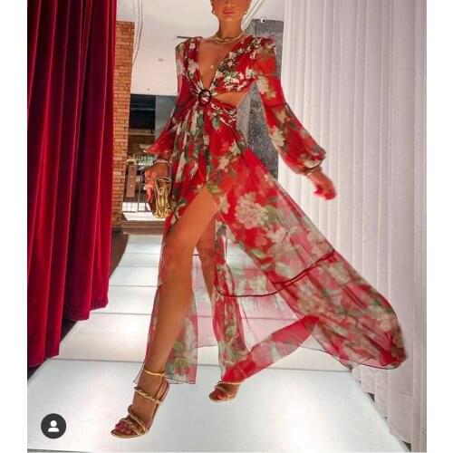 OMILKA Floral Printed Boho Dress 2020 Autumn Women Lantern Sleeve V Neck Backless High Split Hollow Out Beach Long Maxi Dress