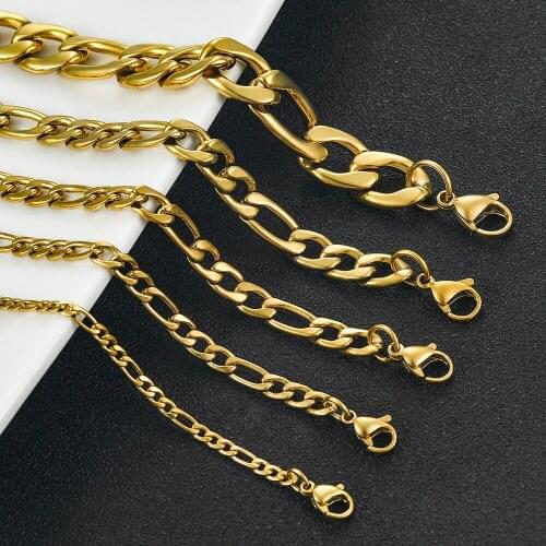 Mens Chain Solid Surface Filled Gold Stainless Steel Ladies Figaro Cuban Necklace Jewelry