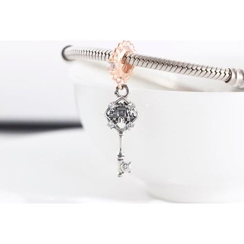 Authentic S925 Rose Key With Crystal Pendant Bead Charm Fit Lady Bracelet Bangle DIY Jewelry