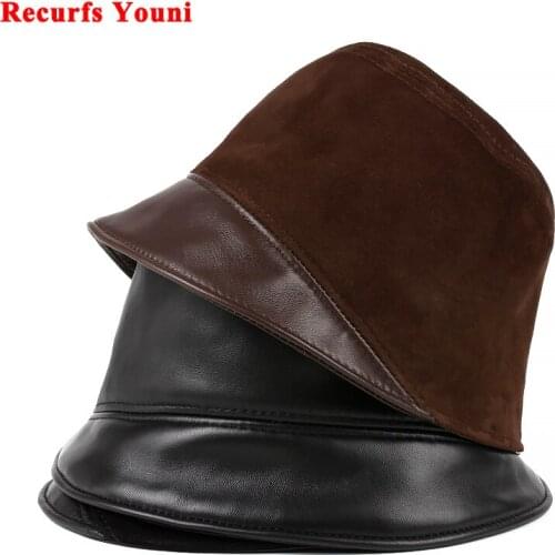 Japanese Harajuku Basin Hat Women Ladies Genuine Leather Suede Patchwork Fisherman Caps Fashion Winter Streetwear Chic Bonnet