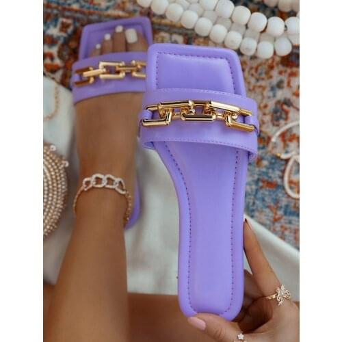 Womens Slippers 2021 Summer Transparent Chain Luxury Square Head Flat Heel Female plus size outdoor beach comfortable Sandals