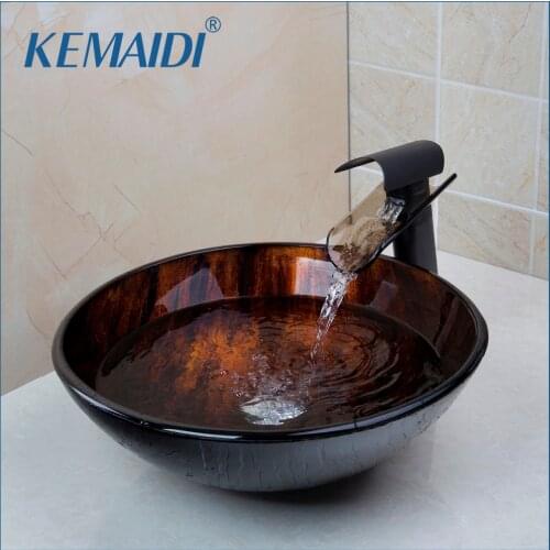 KEMAIDI Tempered Glass Basin Sink With Oil Rubbed Bronze Waterfall Faucet Taps Bathroom Water Drain Bathroom Sink Set