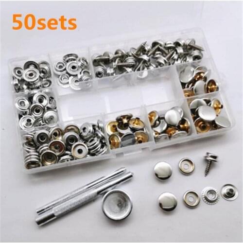 50 Sets Silver Buckle Screw 15MM Button Leather Craft Punch Rod Storage Box Metal Snap Fastener Snaps for Clothes and Jackets